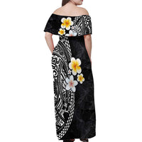 Hawaiian Hibiscus and Plumeria Polynesian Tribal Tattoo Off Shoulder Maxi Dress Black Color