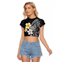 Hawaiian Hibiscus and Plumeria Polynesian Tribal Tattoo Raglan Cropped T Shirt Black Color