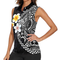 Hawaiian Hibiscus and Plumeria Polynesian Tribal Tattoo Women Sleeveless Polo Shirt Black Color