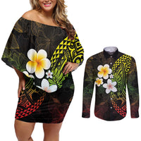 Hawaiian Hibiscus and Plumeria Polynesian Tribal Tattoo Couples Matching Off Shoulder Short Dress and Long Sleeve Button Shirt Reggae Color