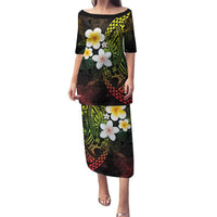 Hawaiian Hibiscus and Plumeria Polynesian Tribal Tattoo Family Matching Puletasi and Hawaiian Shirt Reggae Color