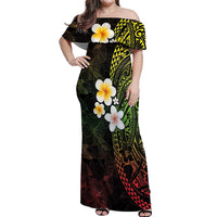 Hawaiian Hibiscus and Plumeria Polynesian Tribal Tattoo Off Shoulder Maxi Dress Reggae Color