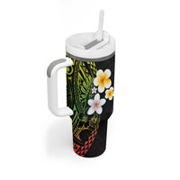 Hawaiian Hibiscus and Plumeria Polynesian Tribal Tattoo Tumbler With Handle Reggae Color