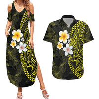 Hawaiian Hibiscus and Plumeria Polynesian Tribal Tattoo Couples Matching Summer Maxi Dress and Hawaiian Shirt Yellow Color