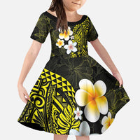 Hawaiian Hibiscus and Plumeria Polynesian Tribal Tattoo Family Matching Short Sleeve Bodycon Dress and Hawaiian Shirt Yellow Color LT03 Daughter's Dress Yellow - Polynesian Pride