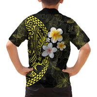 Hawaiian Hibiscus and Plumeria Polynesian Tribal Tattoo Family Matching Tank Maxi Dress and Hawaiian Shirt Yellow Color