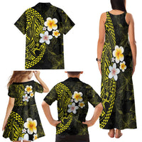 Hawaiian Hibiscus and Plumeria Polynesian Tribal Tattoo Family Matching Tank Maxi Dress and Hawaiian Shirt Yellow Color