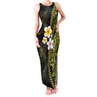 Hawaiian Hibiscus and Plumeria Polynesian Tribal Tattoo Family Matching Tank Maxi Dress and Hawaiian Shirt Yellow Color