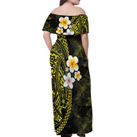 Hawaiian Hibiscus and Plumeria Polynesian Tribal Tattoo Off Shoulder Maxi Dress Yellow Color