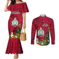 Niue Christmas Couples Matching Mermaid Dress and Long Sleeve Button Shirt Coat of Arms and Polynesian Tattoo Xmas Element Christmas Red Vibe LT03 Red - Polynesian Pride