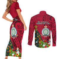 Niue Christmas Couples Matching Short Sleeve Bodycon Dress and Long Sleeve Button Shirt Coat of Arms and Polynesian Tattoo Xmas Element Christmas Red Vibe LT03 - Polynesian Pride