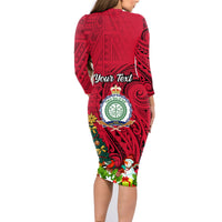 Personalised Niue Christmas Family Matching Long Sleeve Bodycon Dress and Hawaiian Shirt Coat of Arms and Polynesian Tattoo Xmas Element Christmas Red Vibe LT03 - Polynesian Pride