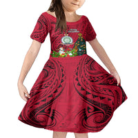 Personalised Niue Christmas Family Matching Short Sleeve Bodycon Dress and Hawaiian Shirt Coat of Arms and Polynesian Tattoo Xmas Element Christmas Red Vibe LT03 Daughter's Dress Red - Polynesian Pride