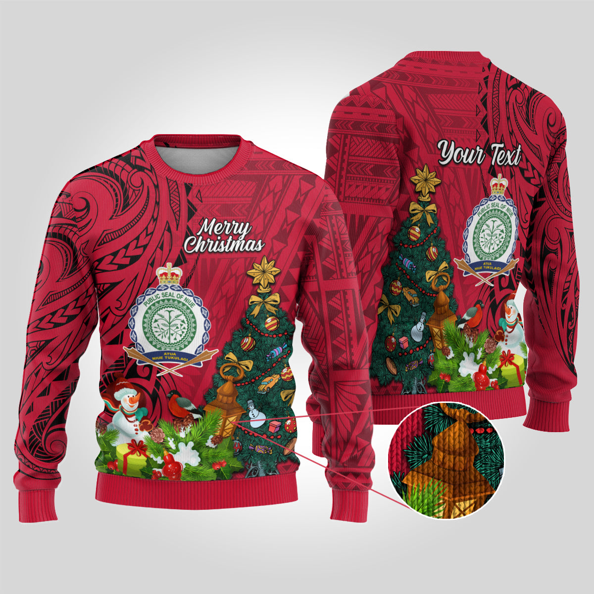 Personalised Niue Christmas Ugly Christmas Sweater Coat of Arms and Polynesian Tattoo Xmas Element Christmas Red Vibe LT03 Red - Polynesian Pride