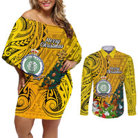Niue Christmas Couples Matching Off Shoulder Short Dress and Long Sleeve Button Shirt Coat of Arms and Polynesian Tattoo Xmas Element Christmas Yellow Vibe LT03 Yellow - Polynesian Pride