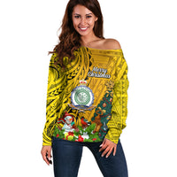 Niue Christmas Off Shoulder Sweater Coat of Arms and Polynesian Tattoo Xmas Element Christmas Yellow Vibe LT03 Women Yellow - Polynesian Pride