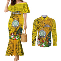 Personalised Niue Christmas Couples Matching Mermaid Dress and Long Sleeve Button Shirt Coat of Arms and Polynesian Tattoo Xmas Element Christmas Yellow Vibe LT03 Yellow - Polynesian Pride