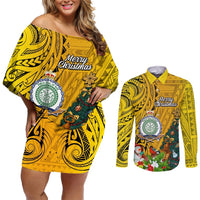 Personalised Niue Christmas Couples Matching Off Shoulder Short Dress and Long Sleeve Button Shirt Coat of Arms and Polynesian Tattoo Xmas Element Christmas Yellow Vibe LT03 Yellow - Polynesian Pride