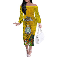 Personalised Niue Christmas Family Matching Off Shoulder Long Sleeve Dress and Hawaiian Shirt Coat of Arms and Polynesian Tattoo Xmas Element Christmas Yellow Vibe LT03 Mom's Dress Yellow - Polynesian Pride