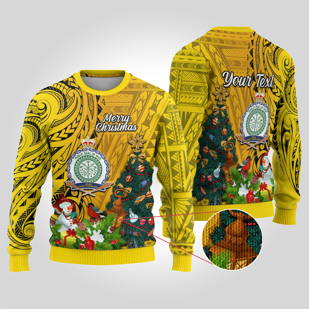 Personalised Niue Christmas Ugly Christmas Sweater Coat of Arms and Polynesian Tattoo Xmas Element Christmas Yellow Vibe LT03 Yellow - Polynesian Pride