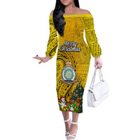 Personalised Niue Christmas Off The Shoulder Long Sleeve Dress Coat of Arms and Polynesian Tattoo Xmas Element Christmas Yellow Vibe LT03 Women Yellow - Polynesian Pride