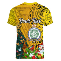 Personalised Niue Christmas Women V Neck T Shirt Coat of Arms and Polynesian Tattoo Xmas Element Christmas Yellow Vibe LT03 - Polynesian Pride