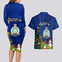 Niue Christmas Couples Matching Long Sleeve Bodycon Dress and Hawaiian Shirt Coat of Arms and Polynesian Tattoo Xmas Element Christmas Blue Vibe LT03 - Polynesian Pride