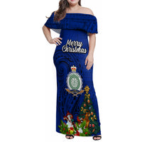 Niue Christmas Family Matching Off Shoulder Maxi Dress and Hawaiian Shirt Coat of Arms and Polynesian Tattoo Xmas Element Christmas Blue Vibe LT03 Mom's Dress Blue - Polynesian Pride