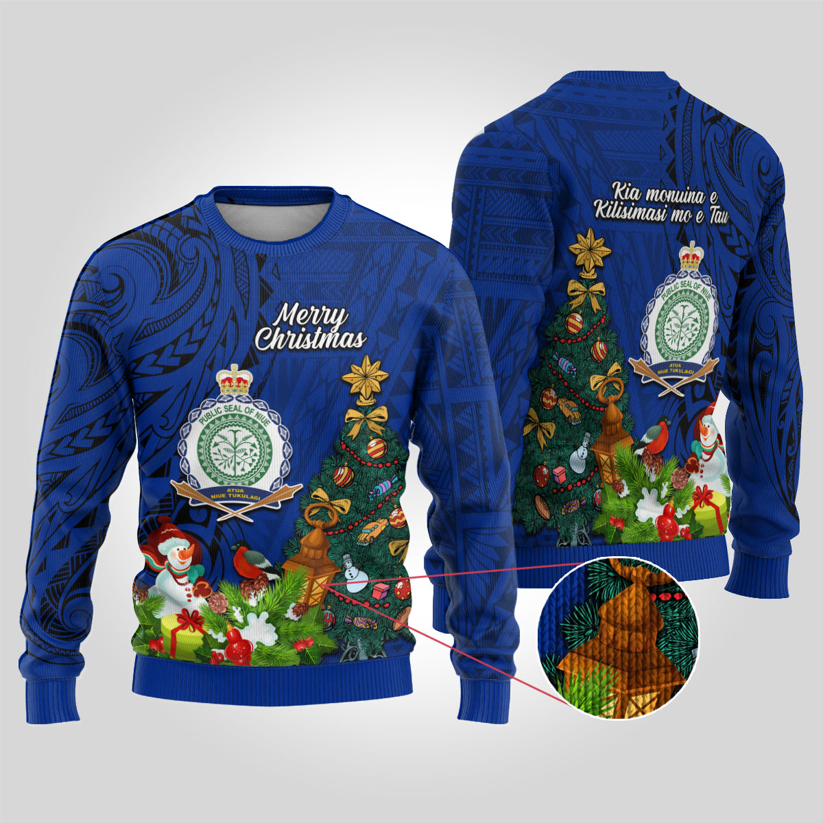 Niue Christmas Ugly Christmas Sweater Coat of Arms and Polynesian Tattoo Xmas Element Christmas Blue Vibe LT03 Blue - Polynesian Pride