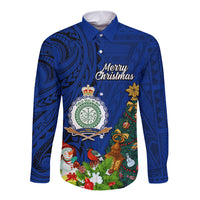 Niue Christmas Long Sleeve Button Shirt Coat of Arms and Polynesian Tattoo Xmas Element Christmas Blue Vibe LT03 Unisex Blue - Polynesian Pride