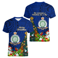 Niue Christmas Women V Neck T Shirt Coat of Arms and Polynesian Tattoo Xmas Element Christmas Blue Vibe LT03 - Polynesian Pride
