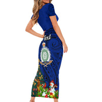Personalised Niue Christmas Short Sleeve Bodycon Dress Coat of Arms and Polynesian Tattoo Xmas Element Christmas Blue Vibe LT03 - Polynesian Pride