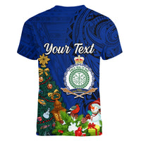 Personalised Niue Christmas Women V Neck T Shirt Coat of Arms and Polynesian Tattoo Xmas Element Christmas Blue Vibe LT03 - Polynesian Pride
