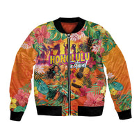 Hawaiian Honolulu Festival Bomber Jacket Hawaiian Identity - Hula Dancer and Ukulele Tropical Plants Style LT03 Unisex Orange - Polynesian Pride