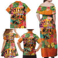 Hawaiian Honolulu Festival Family Matching Off Shoulder Maxi Dress and Hawaiian Shirt Hawaiian Identity - Hula Dancer and Ukulele Tropical Plants Style