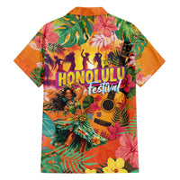 Hawaiian Honolulu Festival Family Matching Off Shoulder Maxi Dress and Hawaiian Shirt Hawaiian Identity - Hula Dancer and Ukulele Tropical Plants Style