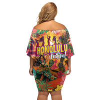 Hawaiian Honolulu Festival Family Matching Off Shoulder Short Dress and Hawaiian Shirt Hawaiian Identity - Hula Dancer and Ukulele Tropical Plants Style