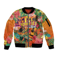 Hawaiian Honolulu Festival Sleeve Zip Bomber Jacket Hawaiian Identity - Hula Dancer and Ukulele Tropical Plants Style LT03 Unisex Orange - Polynesian Pride