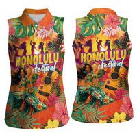 Hawaiian Honolulu Festival Women Sleeveless Polo Shirt Hawaiian Identity - Hula Dancer and Ukulele Tropical Plants Style