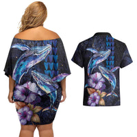 Hawaiian Whales Love Couple Couples Matching Off Shoulder Short Dress and Hawaiian Shirt Hibiscus and Kakau Art Tattoo Night Sky Vibe