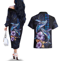 Hawaiian Whales Love Couple Couples Matching Off The Shoulder Long Sleeve Dress and Hawaiian Shirt Hibiscus and Kakau Art Tattoo Night Sky Vibe