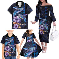 Hawaiian Whales Love Couple Family Matching Off The Shoulder Long Sleeve Dress and Hawaiian Shirt Hibiscus and Kakau Art Tattoo Night Sky Vibe