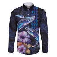 Hawaiian Whales Love Couple Family Matching Off The Shoulder Long Sleeve Dress and Hawaiian Shirt Hibiscus and Kakau Art Tattoo Night Sky Vibe