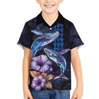 Hawaiian Whales Love Couple Family Matching Off Shoulder Short Dress and Hawaiian Shirt Hibiscus and Kakau Art Tattoo Night Sky Vibe LT03 Son's Shirt Navy - Polynesian Pride