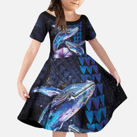 Hawaiian Whales Love Couple Family Matching Summer Maxi Dress and Hawaiian Shirt Hibiscus and Kakau Art Tattoo Night Sky Vibe LT03 Daughter's Dress Navy - Polynesian Pride