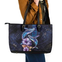 Hawaiian Whales Love Couple Leather Tote Bag Hibiscus and Kakau Art Tattoo Night Sky Vibe