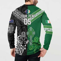 New Zealand And Ireland Rugby Custom Button Sweatshirt Maori Tiki With Shamrock