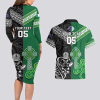 New Zealand And Ireland Rugby Custom Couples Matching Long Sleeve Bodycon Dress and Hawaiian Shirt Maori Tiki With Shamrock