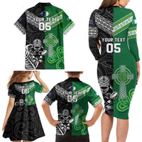 New Zealand And Ireland Rugby Custom Family Matching Long Sleeve Bodycon Dress and Hawaiian Shirt Maori Tiki With Shamrock