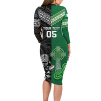 New Zealand And Ireland Rugby Custom Family Matching Long Sleeve Bodycon Dress and Hawaiian Shirt Maori Tiki With Shamrock